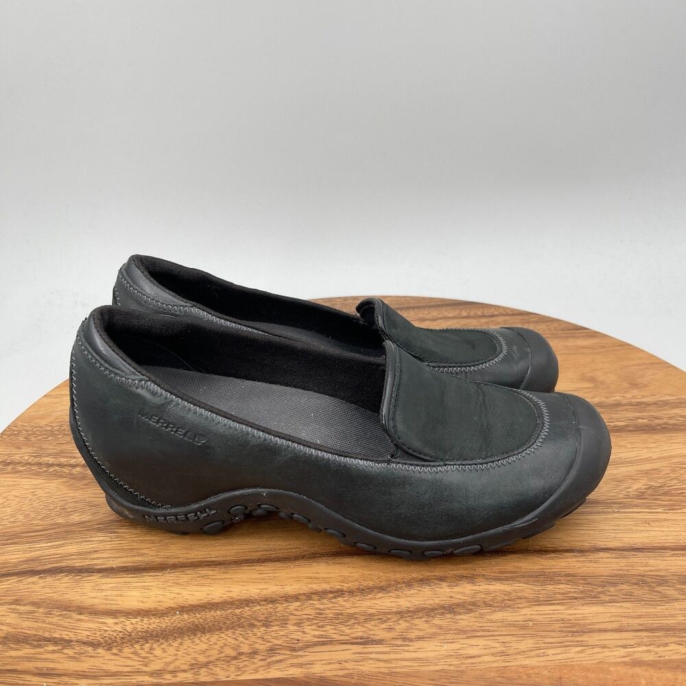 Merrell Plaza Spree Loafers Womens 8 Black Suede Leather Slip On Wedge Walking